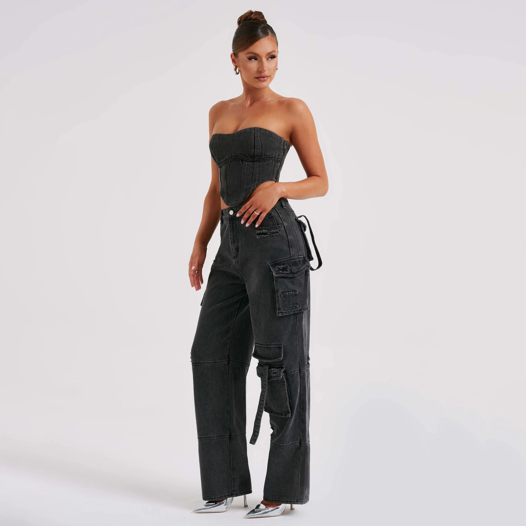 Denim-set - Tweedelige set voor dames met crop top en losse cargobroek-Boetiek Moda