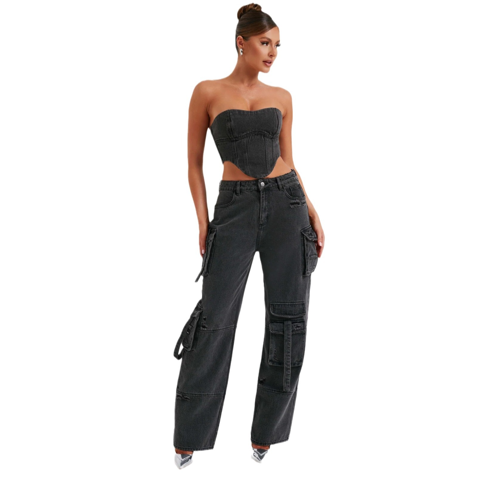 Denim-set - Tweedelige set voor dames met crop top en losse cargobroek-Boetiek Moda