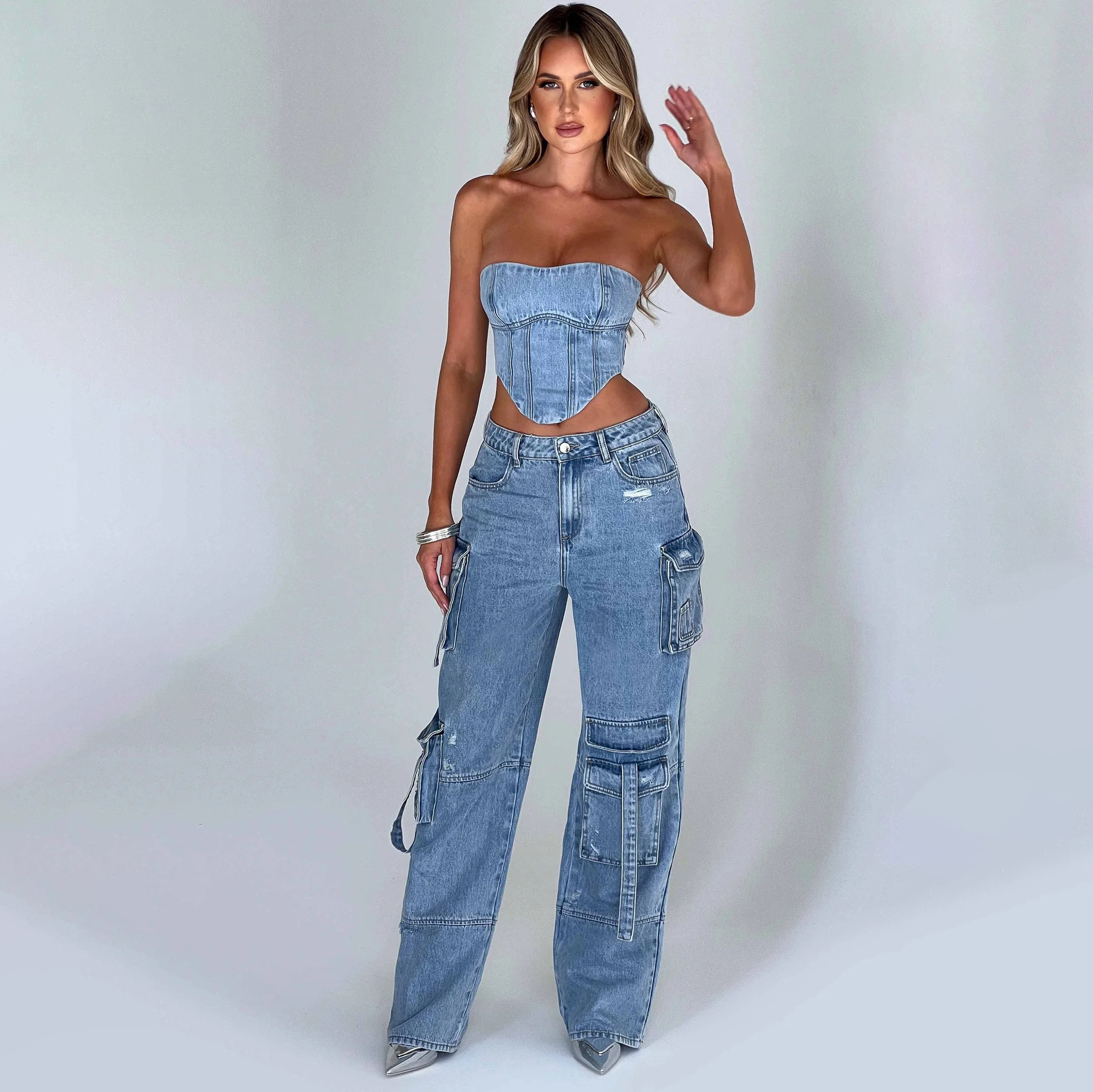 Denim-set - Tweedelige set voor dames met crop top en losse cargobroek-Boetiek Moda