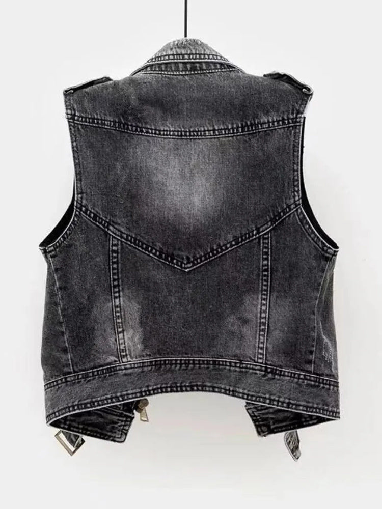 Denim vest - donkergrijs - mouwloos - Denim Gilet - Denim vest voor dames-Boetiek Moda