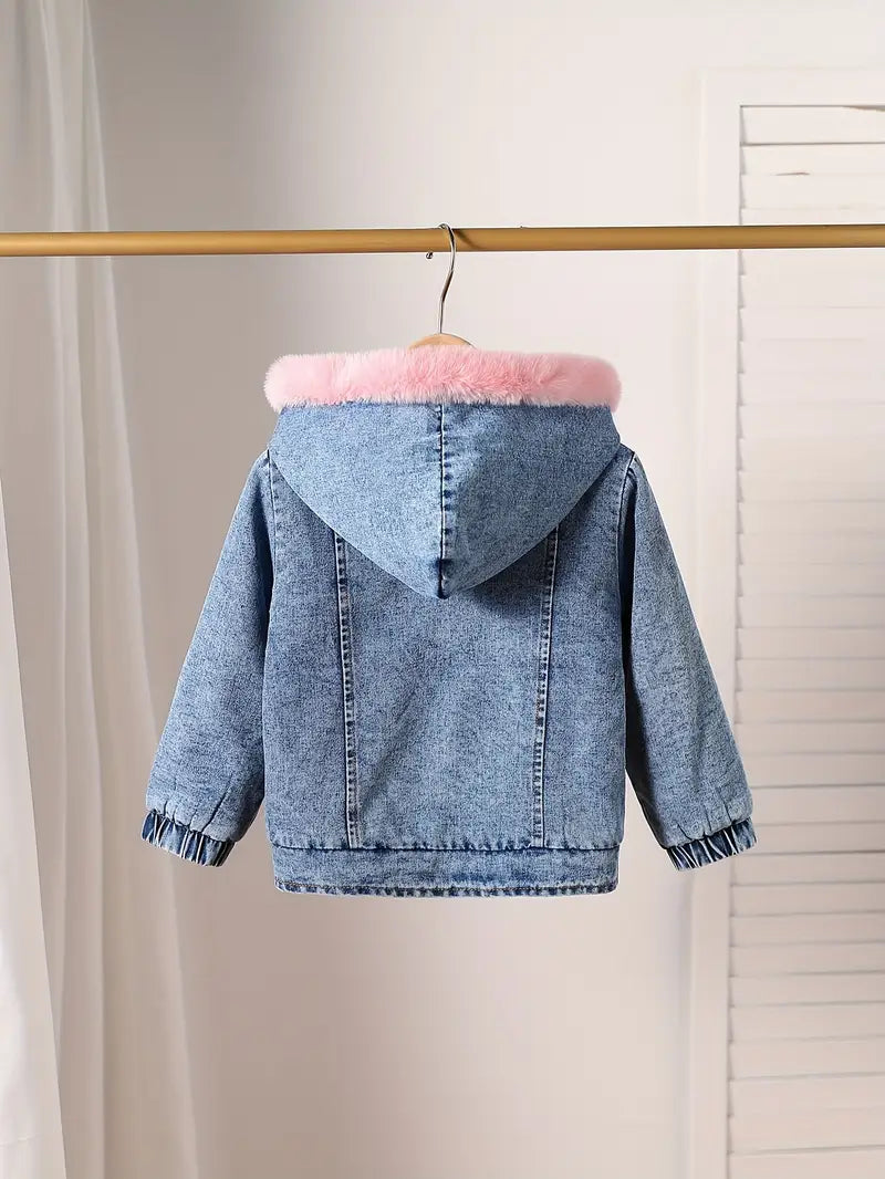 Denimjas met bontvoering - Roze-blauwe denimjas met capuchon voor meisjes-Boetiek Moda