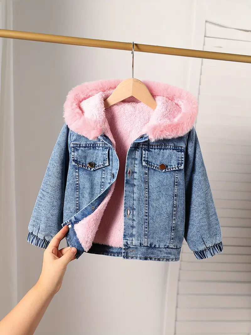 Denimjas met bontvoering - Roze-blauwe denimjas met capuchon voor meisjes-Boetiek Moda