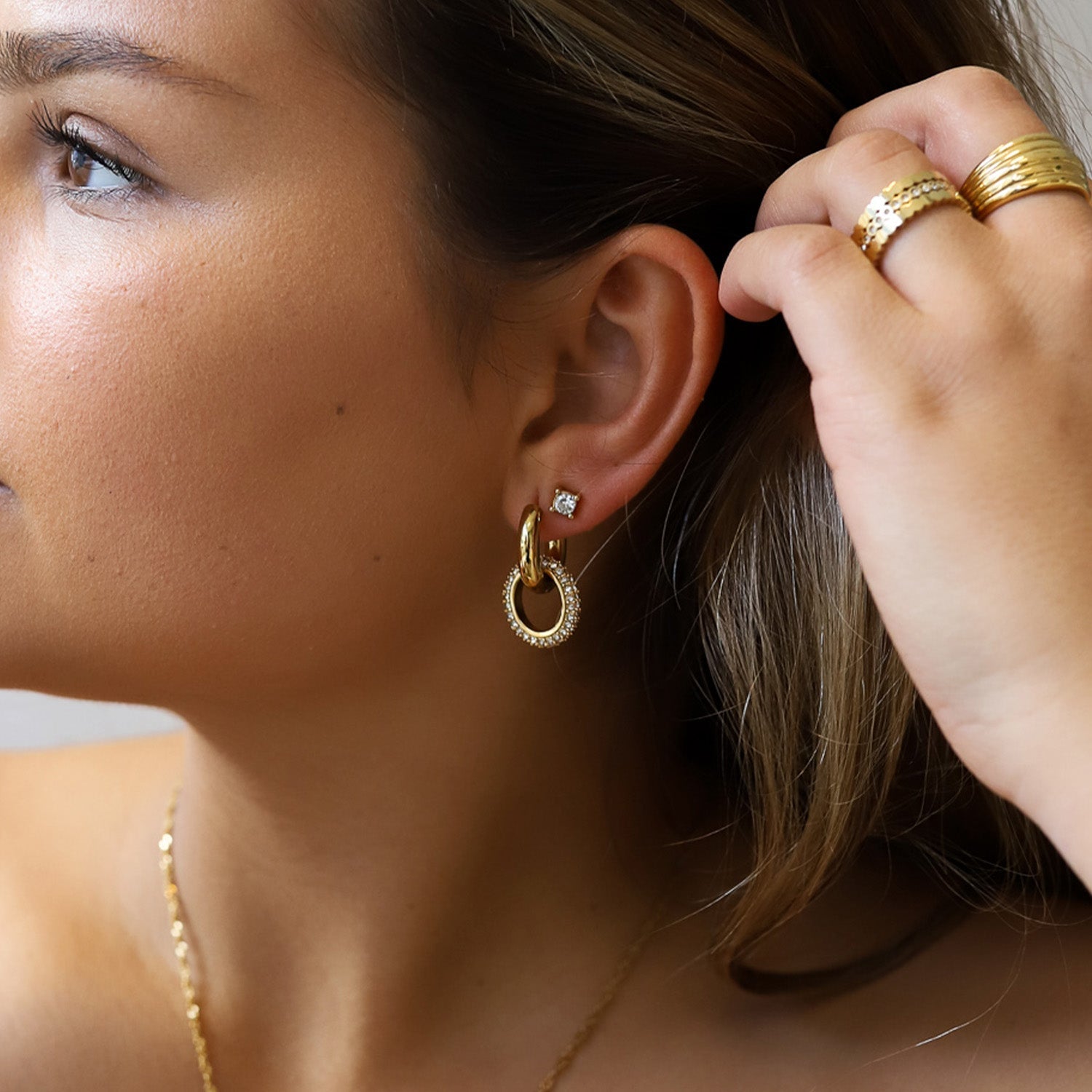 Dubbele hoepeloorbellen - Gouden zirkonia kleine hoepeloorbellen voor dames-Boetiek Moda