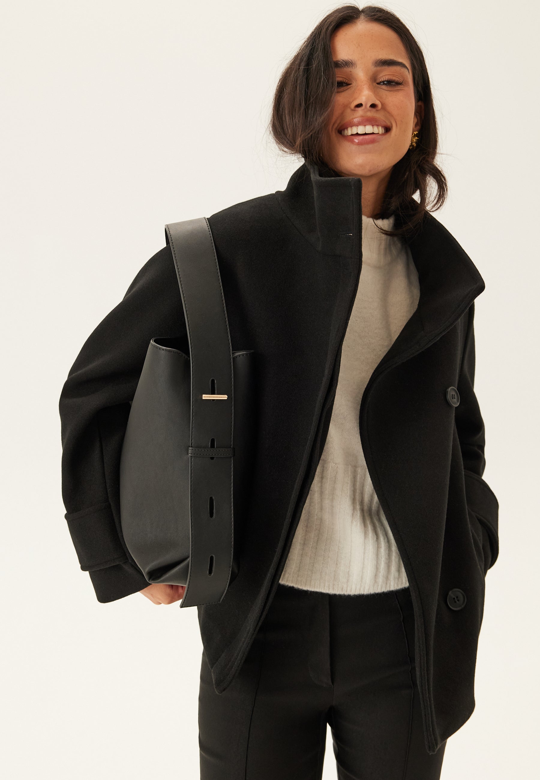 Erbsenmantel - Kurze schwarze Übergangsjacke mit Knopfleiste für Frauen-Boetiek Moda