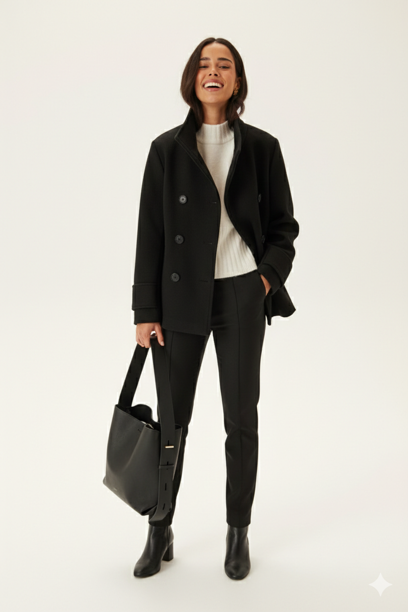 Erbsenmantel - Kurze schwarze Übergangsjacke mit Knopfleiste für Frauen-Boetiek Moda