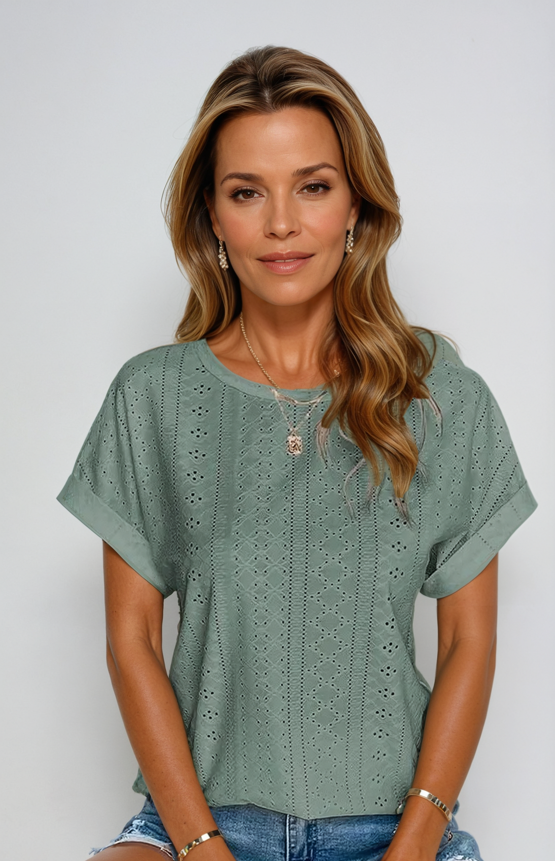 Eyelet Top - Losjes Model - Ronde Hals - Top met korte mouwen - Dameskleding-Boetiek Moda