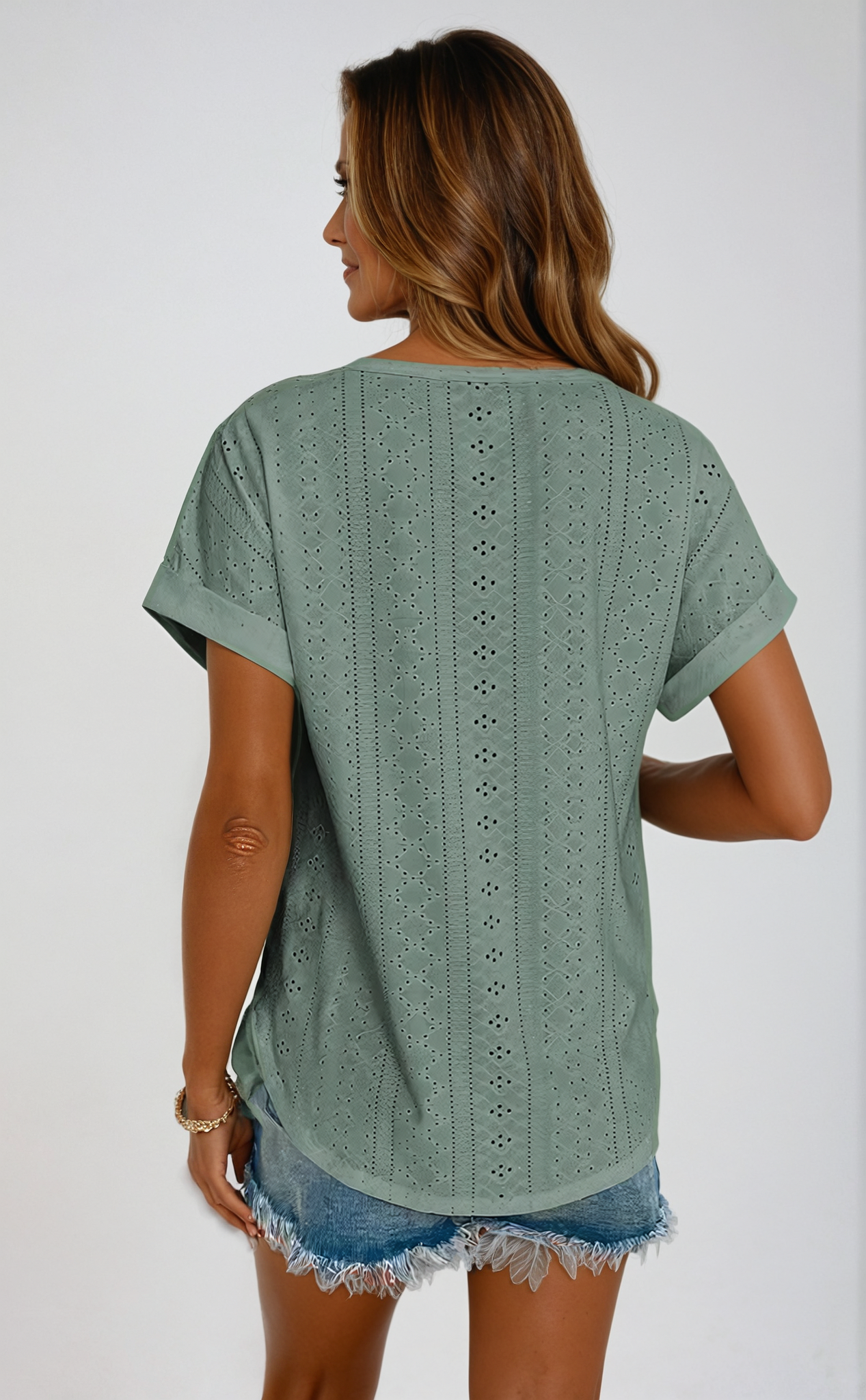 Eyelet Top - Losjes Model - Ronde Hals - Top met korte mouwen - Dameskleding-Boetiek Moda