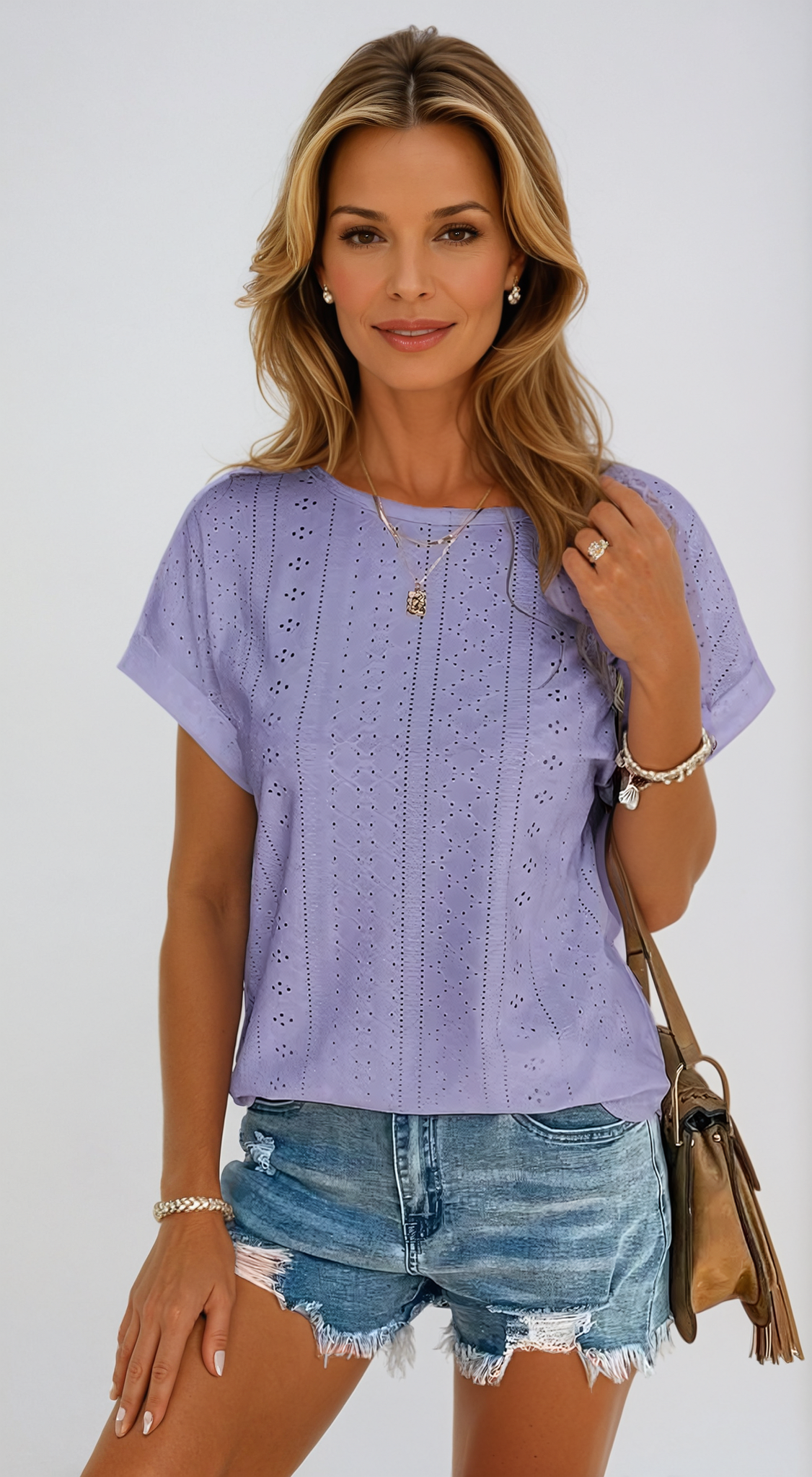 Eyelet Top - Losjes Model - Ronde Hals - Top met korte mouwen - Dameskleding-Boetiek Moda