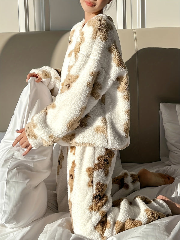 Fleece Pyjama - Teddybeer - Lange Mouw - Fluffy Pyjama - Winterpyjama voor Vrouwen-Boetiek Moda