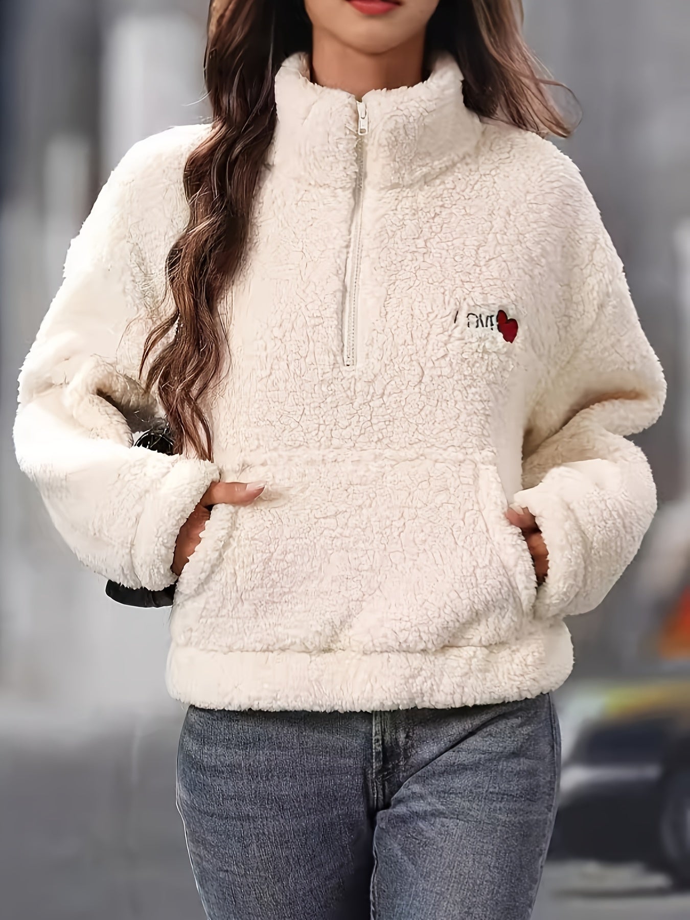 Fleece met halve rits - Warme Witte Damesfleece Trui-Boetiek Moda