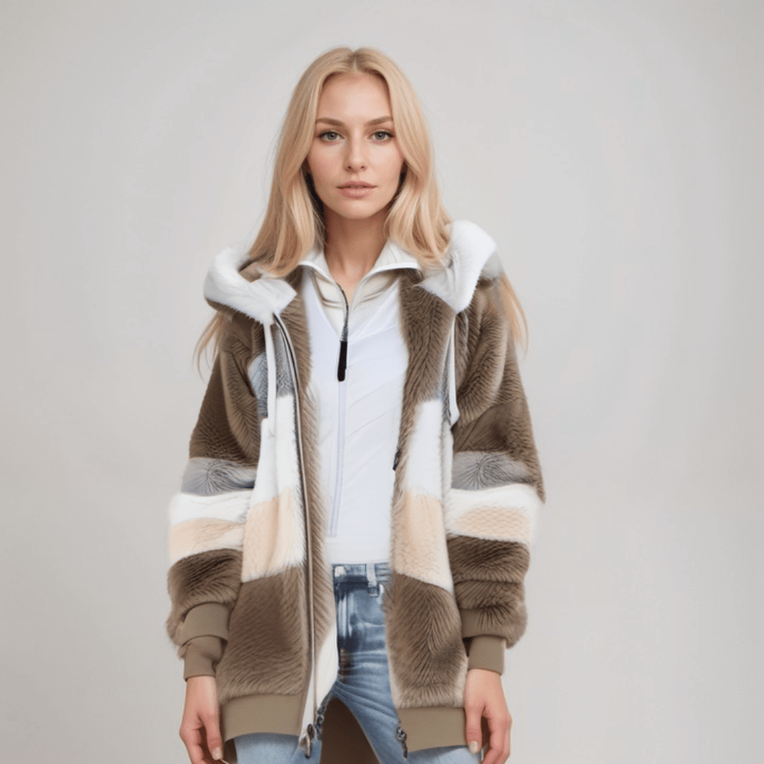 Fleecejack - Grote Zip-Up Hoodie met imitatiebont voor dames-Boetiek Moda