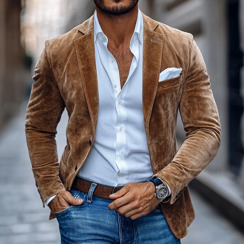 Fluwelen Blazer - Getailleerde bruine blazer voor heren met enkele knoopsluiting-Boetiek Moda