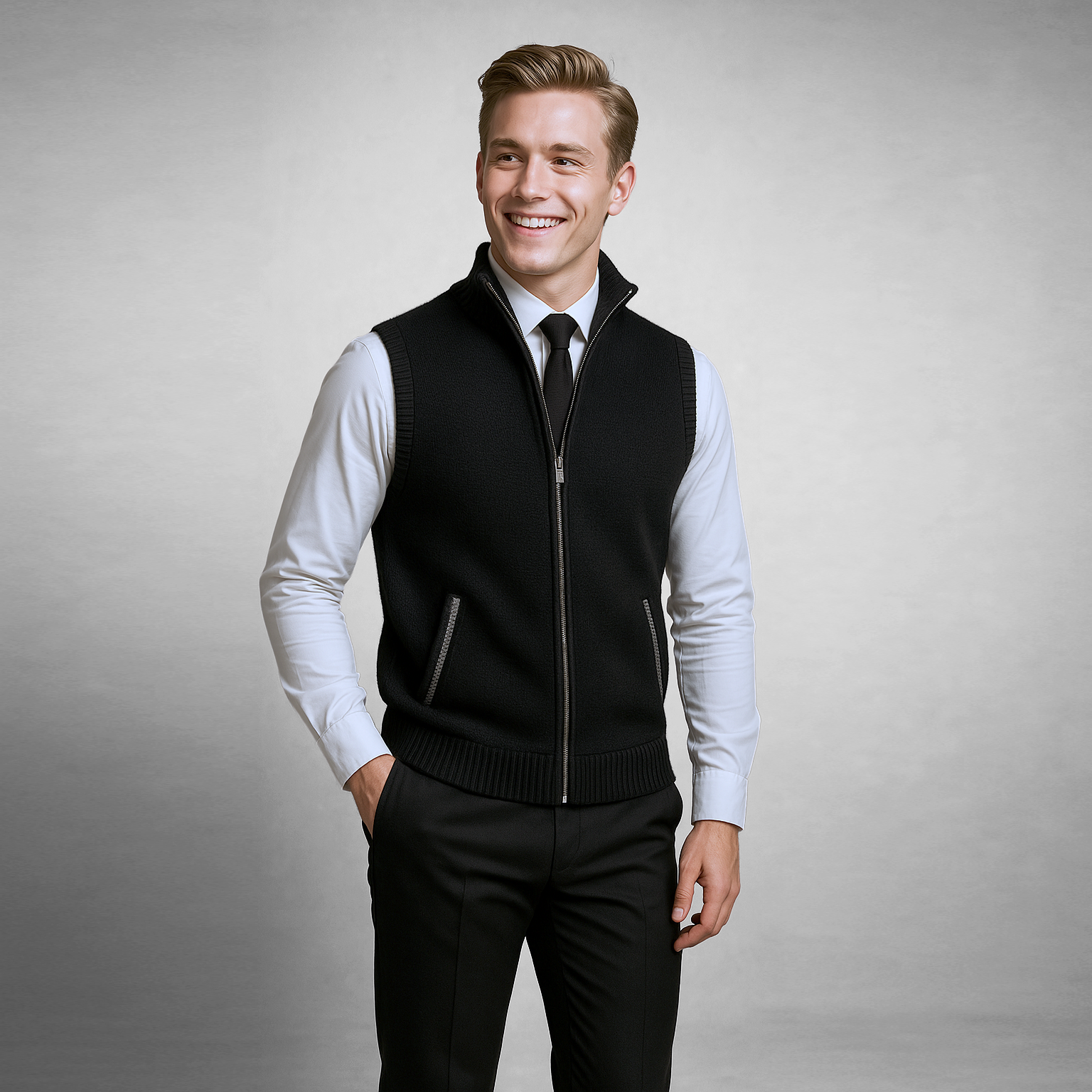 Gebreid Vest - Mouwloos wollen vest met ritssluiting voor heren-Boetiek Moda