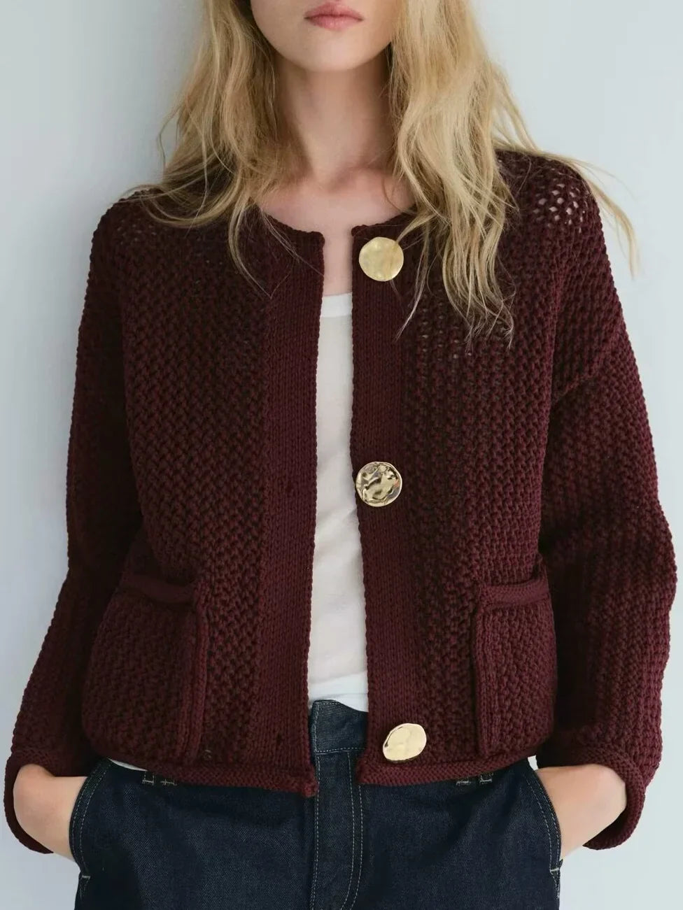 Gebreid Vest - Warm - Zakken - Button-Up Vest - Dameskleding-Boetiek Moda