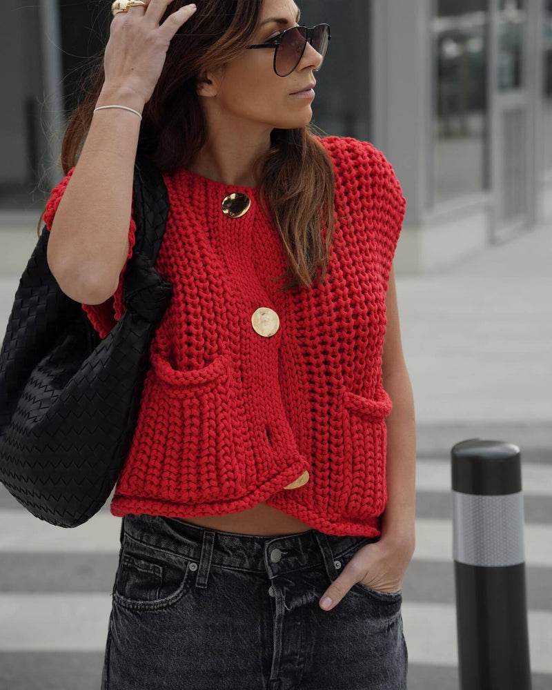 Gebreid vest | Button-Up | Cropped | Mouwloos vest | Vrouwenvest-Boetiek Moda