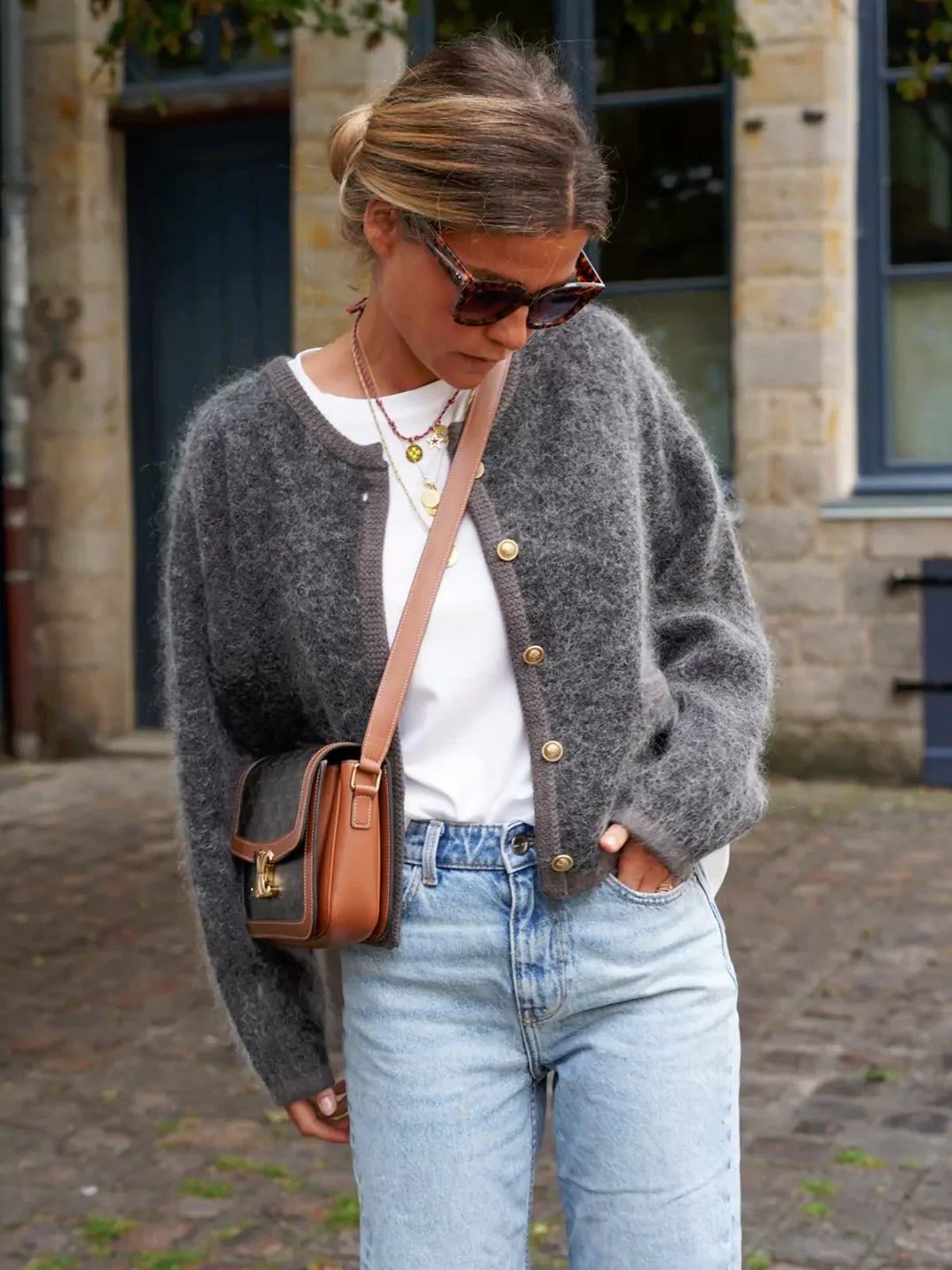 Gebreid vest | Grijs | Button-Up | Fluffy Vest | Vest voor dames-Boetiek Moda