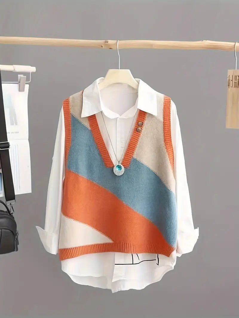 Gebreid vest - Losvallend vest met V-hals voor dames-Boetiek Moda