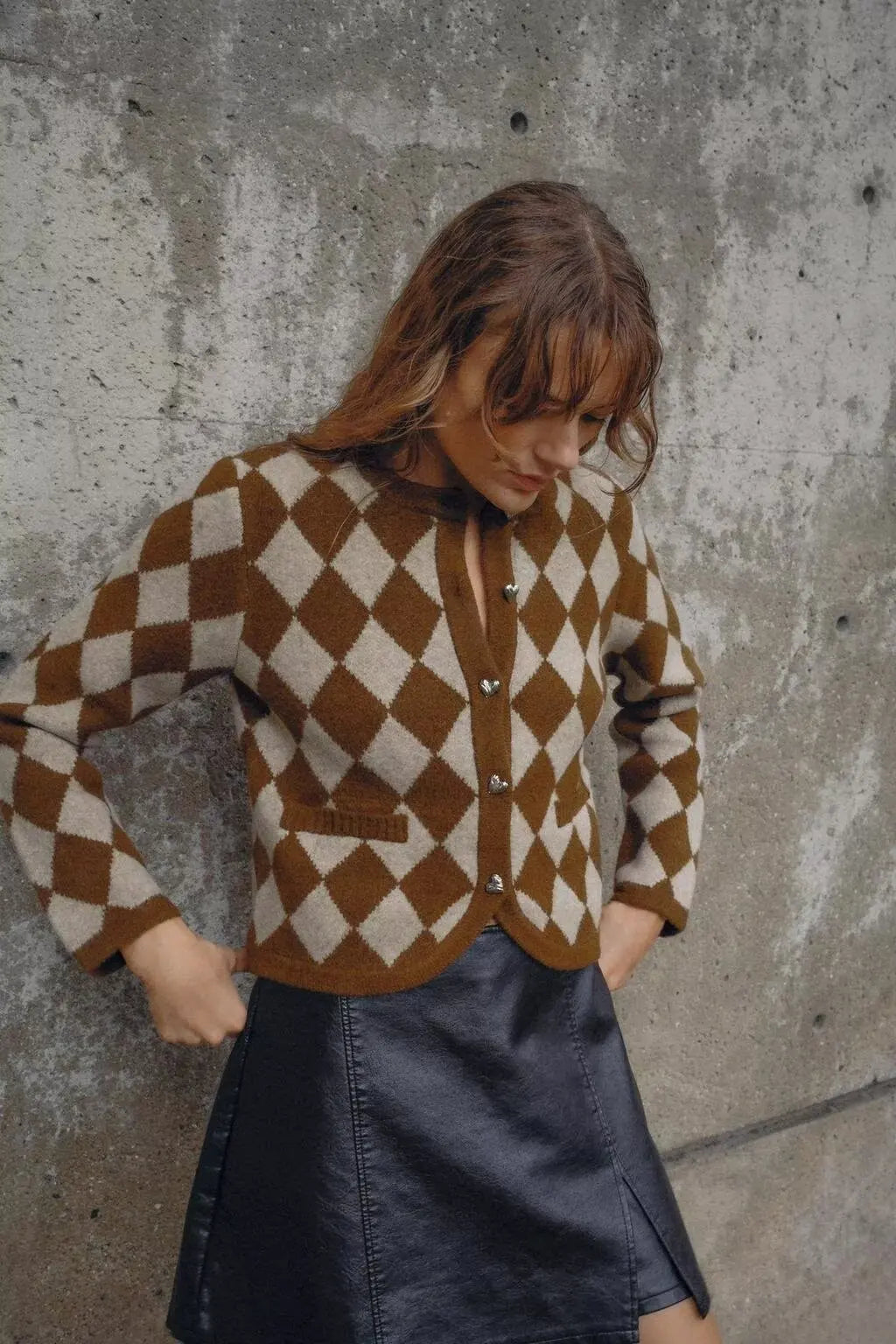 Gebreid vest - Ruitjespatroon - Geruit - Vest met knopen - Damesvest-Boetiek Moda