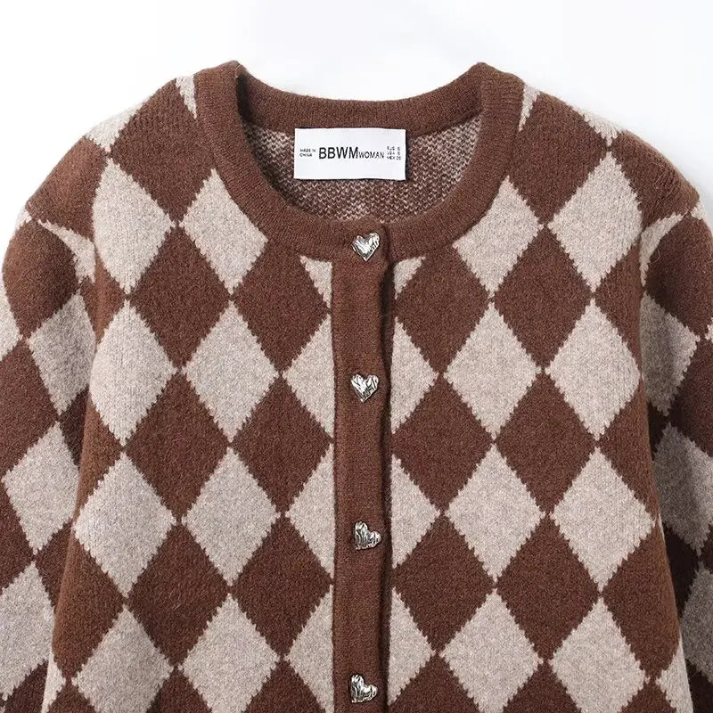 Gebreid vest - Ruitjespatroon - Geruit - Vest met knopen - Damesvest-Boetiek Moda