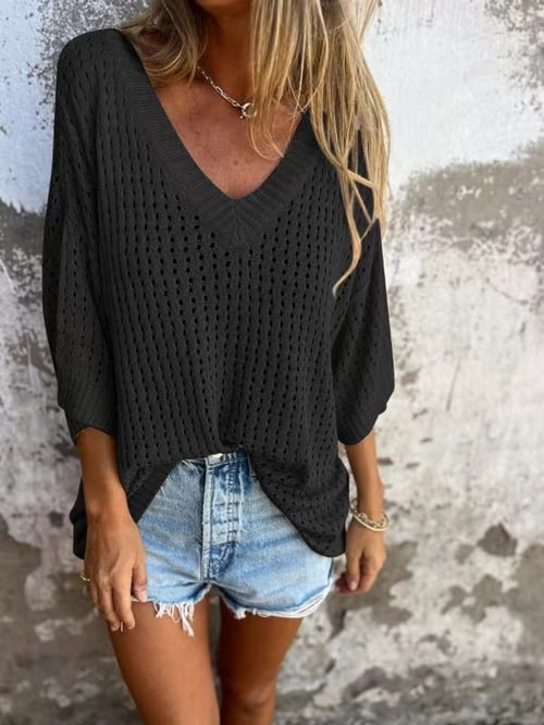 Gebreide Blouse - Losjes model - V-hals - Gebreide top met korte mouwen - Gebreide damestop-Boetiek Moda