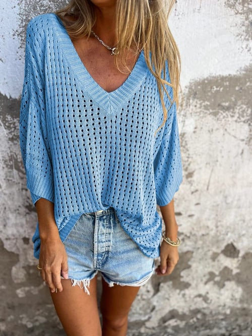 Gebreide Blouse - Losjes model - V-hals - Gebreide top met korte mouwen - Gebreide damestop-Boetiek Moda