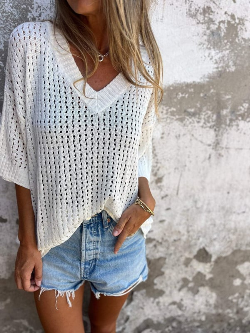 Gebreide Blouse - Losjes model - V-hals - Gebreide top met korte mouwen - Gebreide damestop-Boetiek Moda