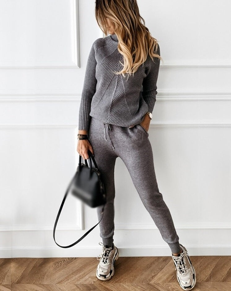 Gebreide Co-Ord - Coltrui - Trekkoord - Gebreide tweedelige set - Loungewear voor dames-Boetiek Moda