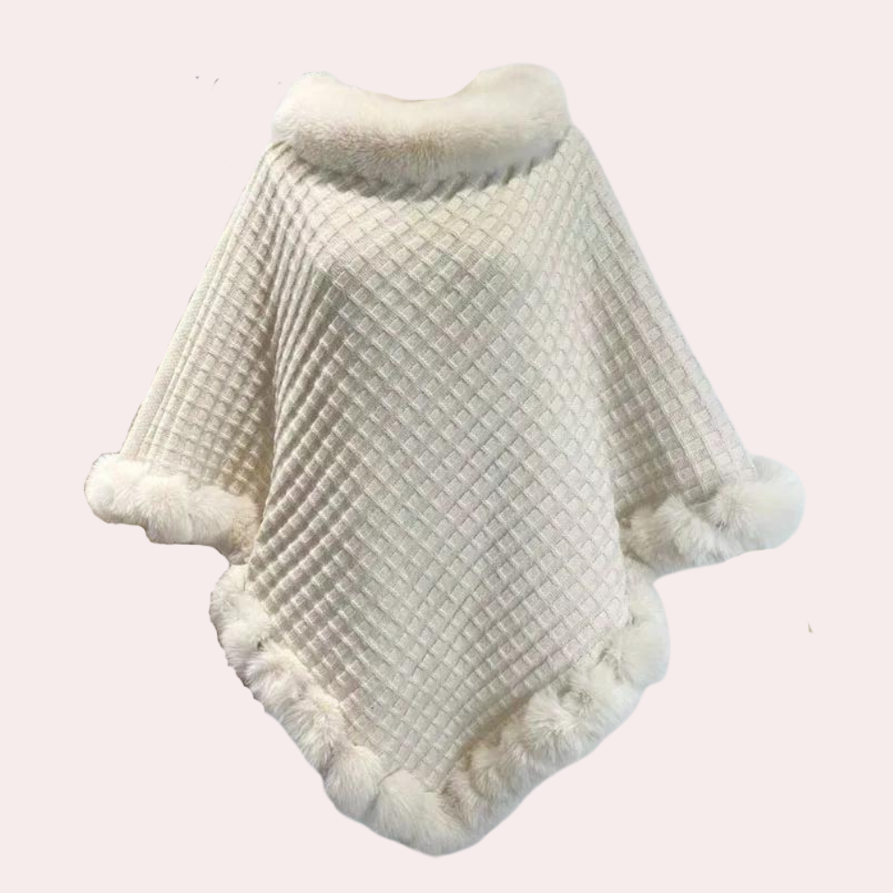 Gebreide Poncho - Warme damesponcho in licht beige imitatiebont-Boetiek Moda