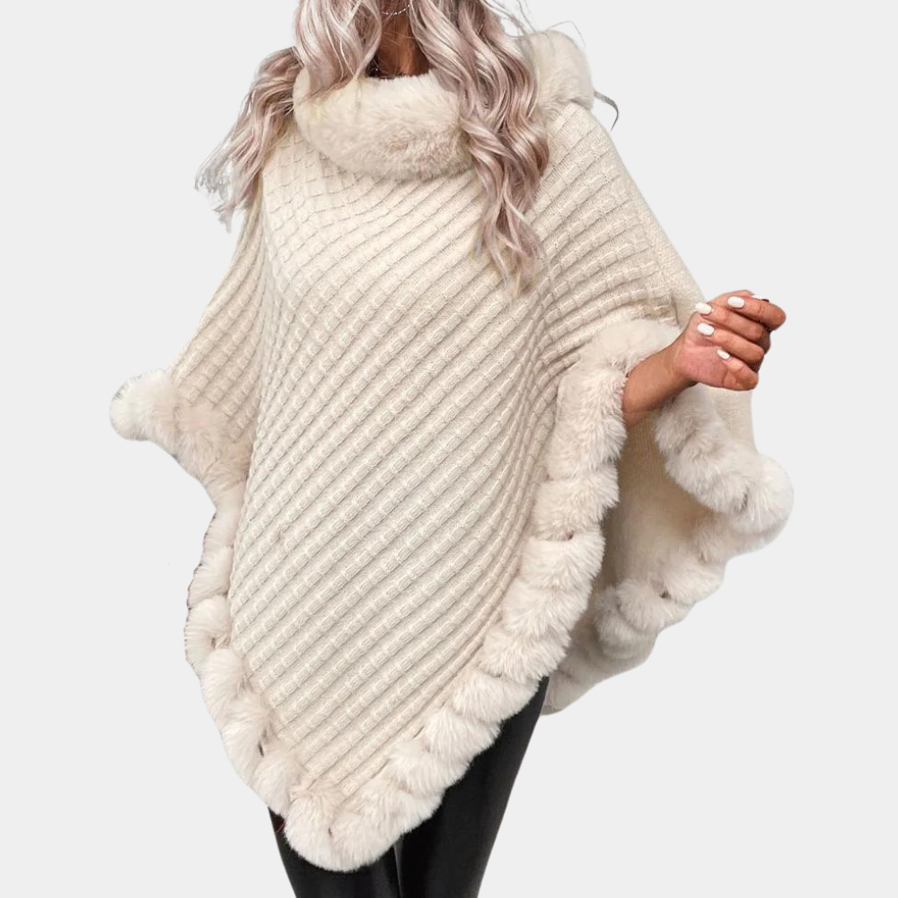 Gebreide Poncho - Warme damesponcho in licht beige imitatiebont-Boetiek Moda