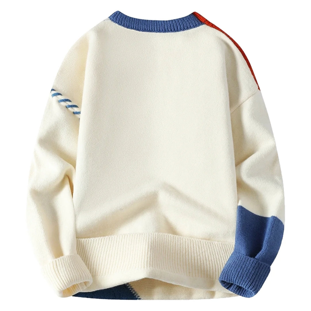 Gebreide Trui - Warme, Losse Heren Trui Met Patchworkpatroon-Boetiek Moda