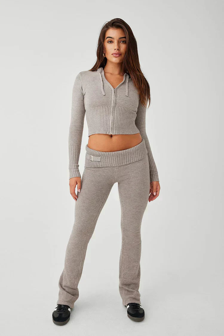 Gebreide Tweedelige Set | Hooded | Zip Cardigan | Gebreide Co-Ord Set | Dames Loungewear-Boetiek Moda