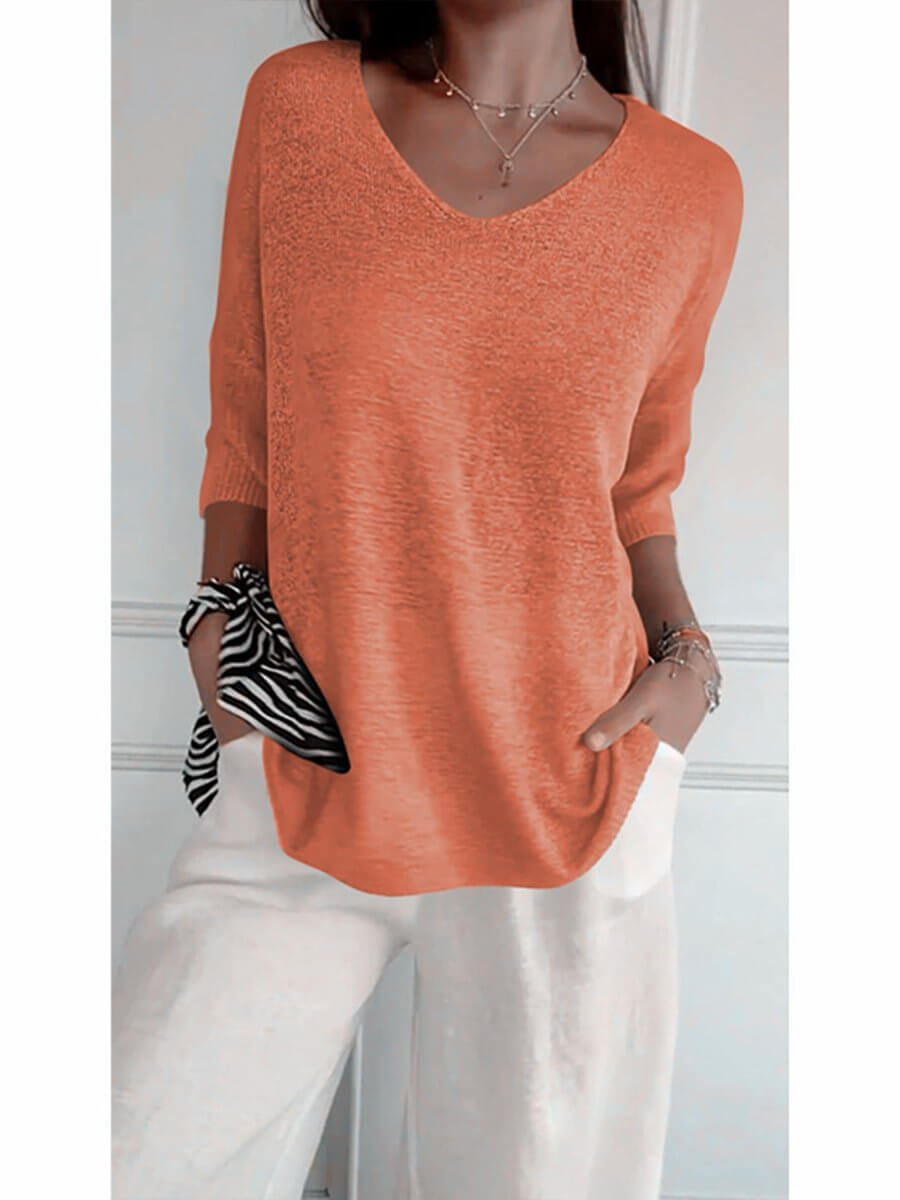 Gebreide blouse - Dames Trui met halve mouwen en losse V-hals-Boetiek Moda