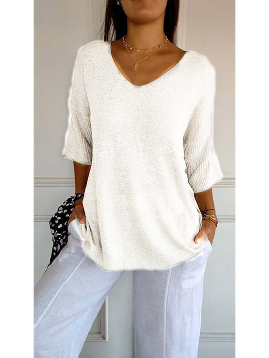 Gebreide blouse - Dames Trui met halve mouwen en losse V-hals-Boetiek Moda
