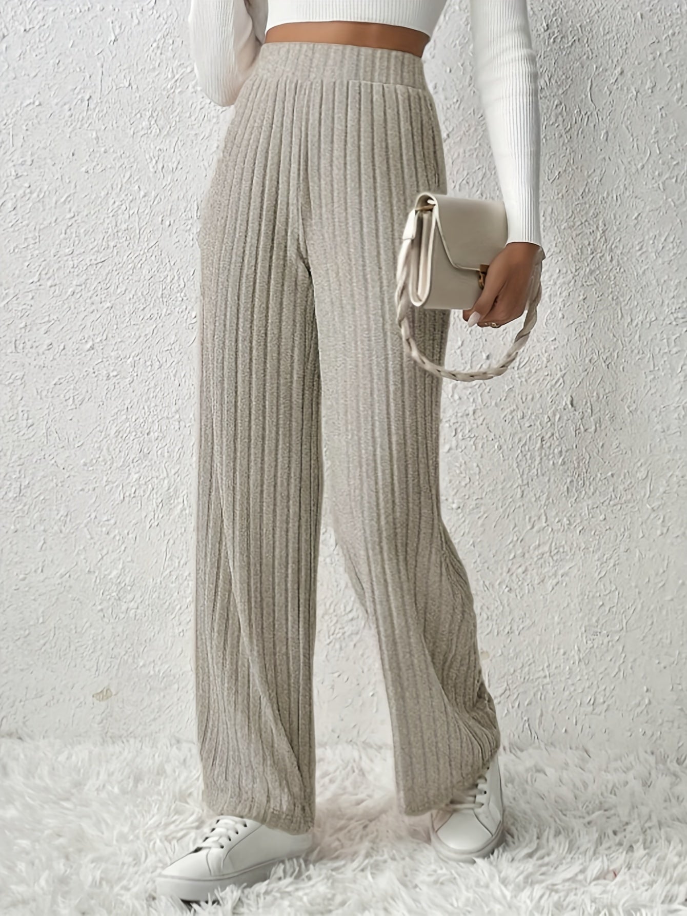 Gebreide broek | Geribd | Hoge taille | Broek met wijde pijpen | Vrouwenbroek-Boetiek Moda