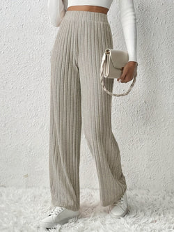 Gebreide broek | Geribd | Hoge taille | Broek met wijde pijpen | Vrouwenbroek-Boetiek Moda