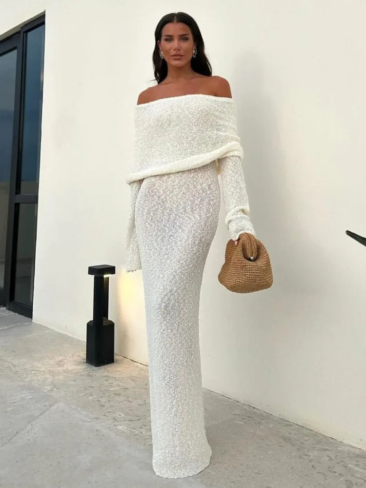 Gebreide jurk - Lange mouwen Off-Shoulder Bodycon Maxi zomerjurk-Boetiek Moda