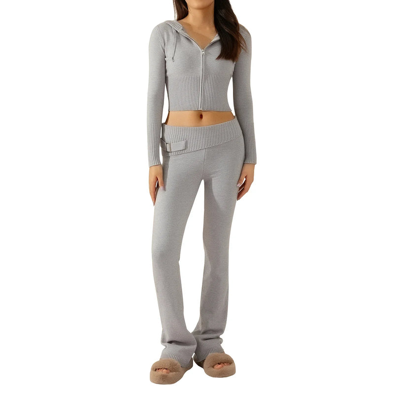 Gebreide loungeset | Capuchon | Zip-Up | Gebreide tweedelige set | Loungewear voor dames-Boetiek Moda