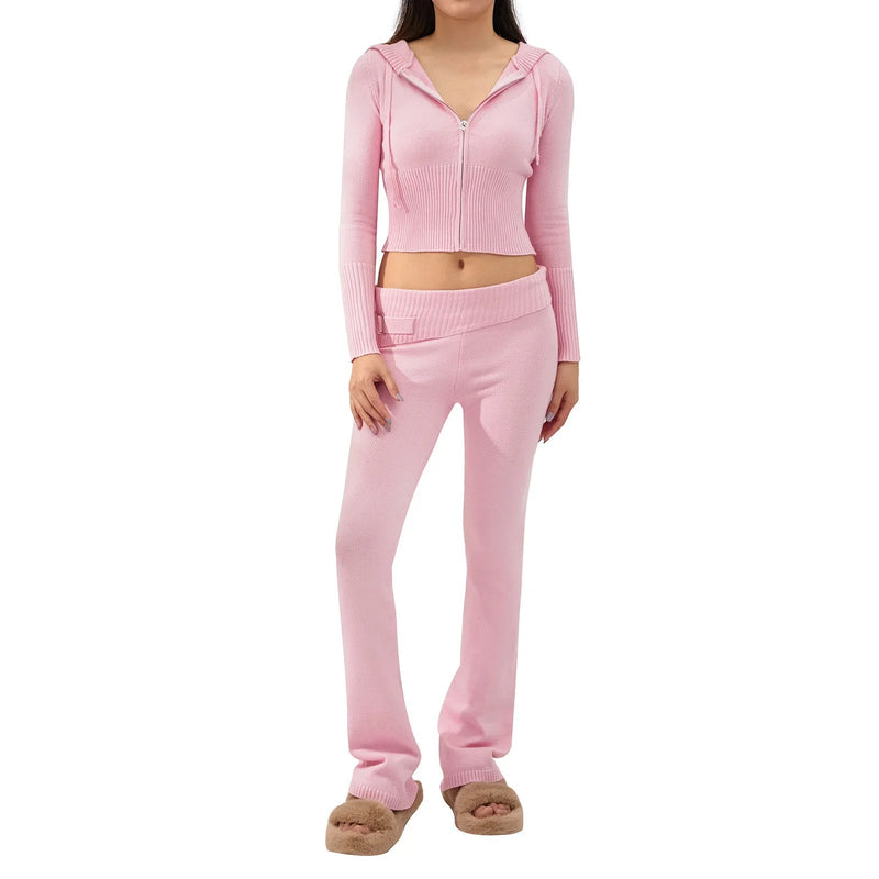 Gebreide loungeset | Capuchon | Zip-Up | Gebreide tweedelige set | Loungewear voor dames-Boetiek Moda