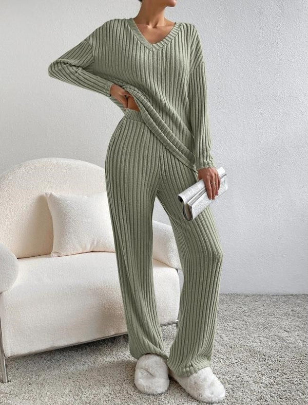 Gebreide loungeset - Lange Mouwen - Geribd - Gebreide Co-Ord - Dames Loungewear-Boetiek Moda