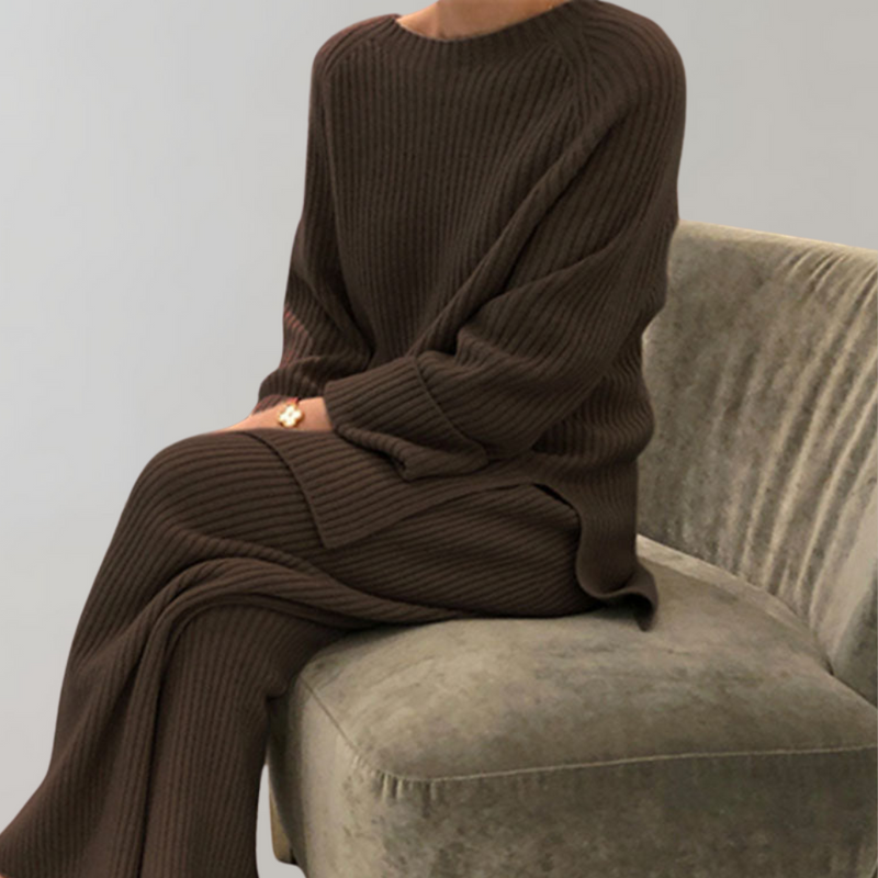 Gebreide loungeset - lange mouwen - wijde pijpen - tweedelige set - winterkleding voor dames-Boetiek Moda