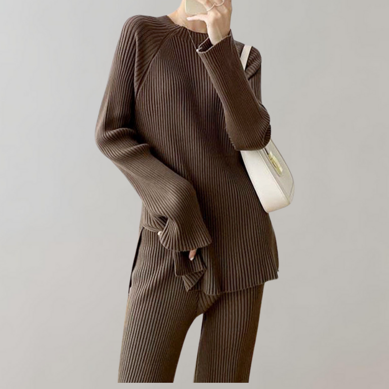 Gebreide loungeset - lange mouwen - wijde pijpen - tweedelige set - winterkleding voor dames-Boetiek Moda