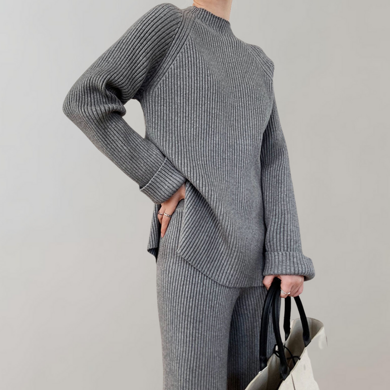 Gebreide loungeset - lange mouwen - wijde pijpen - tweedelige set - winterkleding voor dames-Boetiek Moda