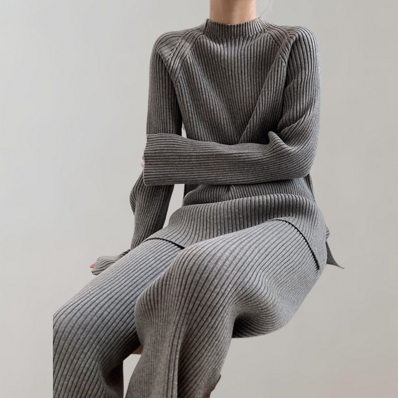 Gebreide loungeset - lange mouwen - wijde pijpen - tweedelige set - winterkleding voor dames-Boetiek Moda