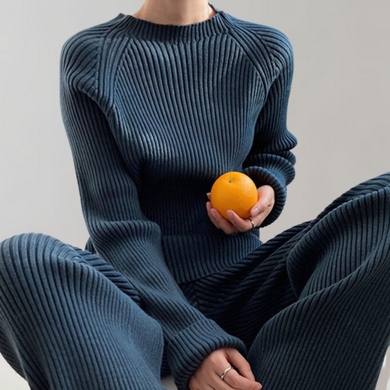 Gebreide loungeset - lange mouwen - wijde pijpen - tweedelige set - winterkleding voor dames-Boetiek Moda