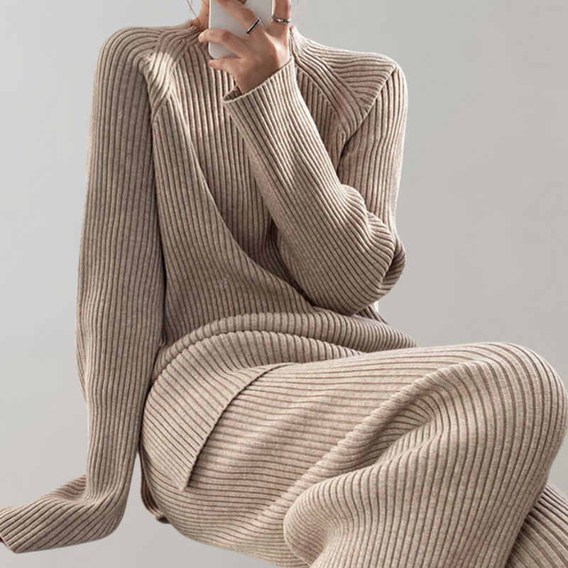 Gebreide loungeset - lange mouwen - wijde pijpen - tweedelige set - winterkleding voor dames-Boetiek Moda