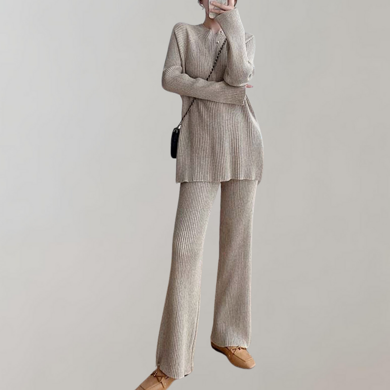 Gebreide loungeset - lange mouwen - wijde pijpen - tweedelige set - winterkleding voor dames-Boetiek Moda
