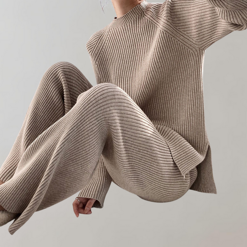 Gebreide loungeset - lange mouwen - wijde pijpen - tweedelige set - winterkleding voor dames-Boetiek Moda