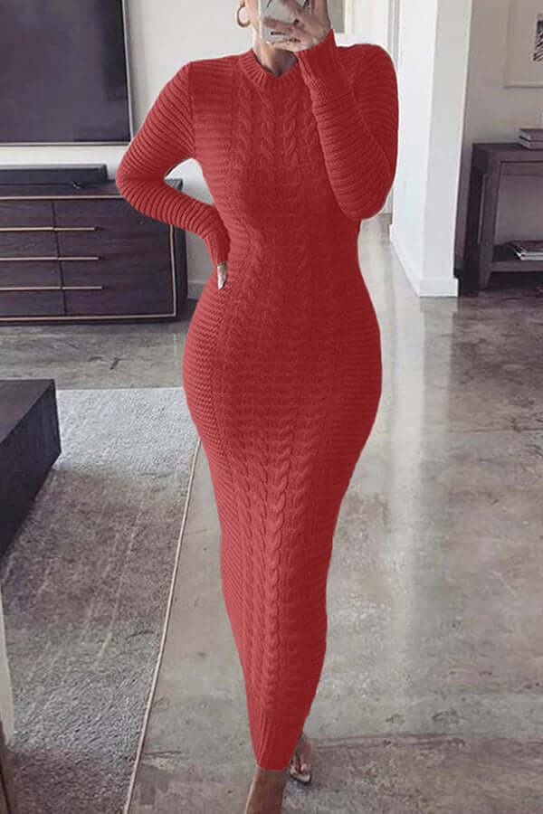 Gebreide maxi-jurk - Lange mouwen - Bodycon - Jumper Maxi-jurk - Damesbreigoed-Boetiek Moda