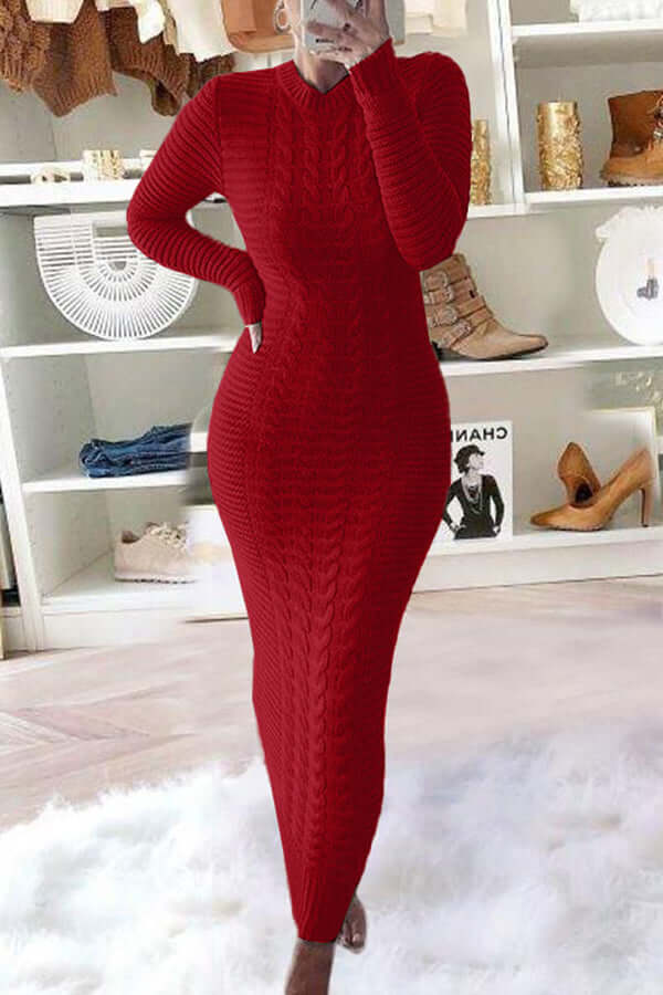 Gebreide maxi-jurk - Lange mouwen - Bodycon - Jumper Maxi-jurk - Damesbreigoed-Boetiek Moda