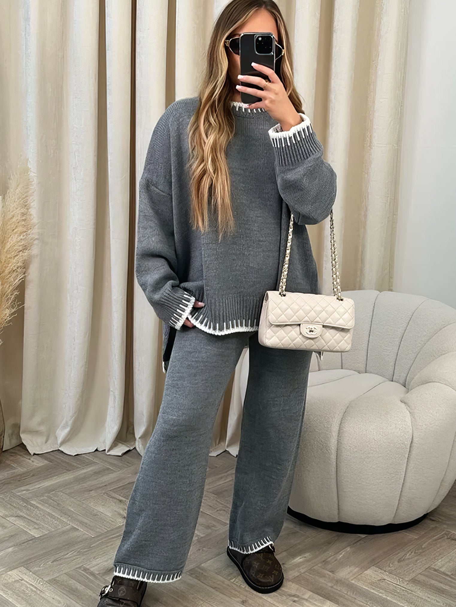 Gebreide set | Lange mouwen | Wijde pijpen | Gebreide tweedelige set | Loungewear voor dames-Boetiek Moda